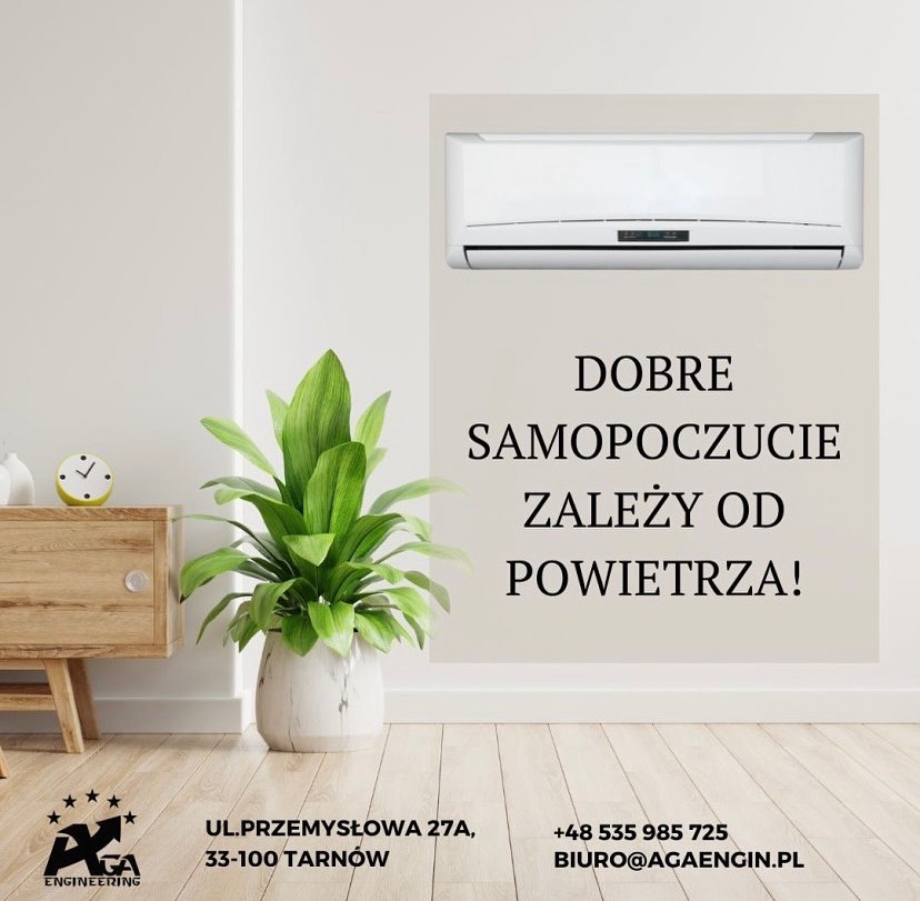 Klimatyzacja ścienna w jasnym wnętrzu z danymi AGA Engineering