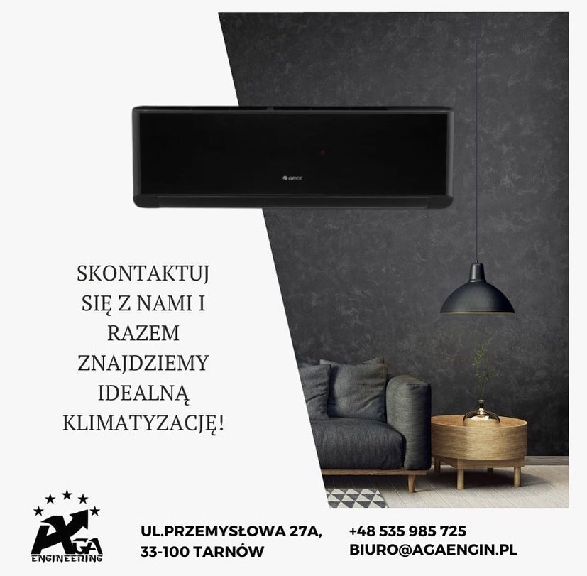 Czarna klimatyzacja ścienna w nowoczesnym wnętrzu